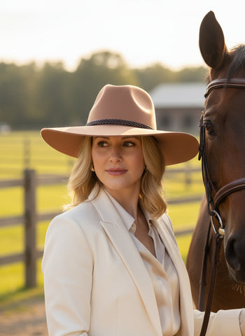 Australian wool hat in light brown on classy lady with horse